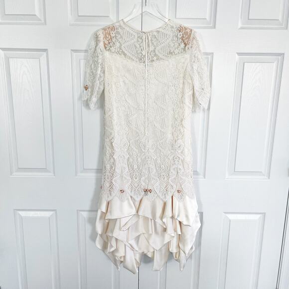 Carol Peretz I. Magnin Vintage Ivory Midi Length Lace Dress Ruffled Satin Hem - Picture 5 of 11
